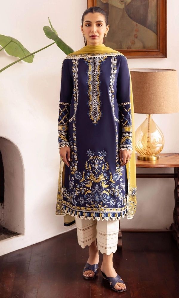 Lawn 3pc heavy embroidered suit with embroidered dupatta and motifs